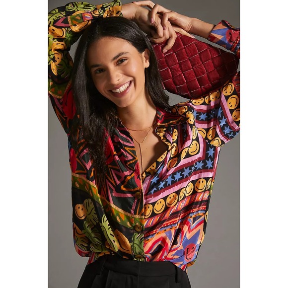 Farm Rio Smiley Collab Shirt S Anthropologie Patchwork Top Colorful Boho - Picture 1 of 9